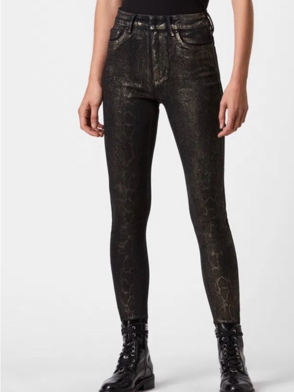 AllSaints Miller Mid-Rise Snake Skinny Jeans Gold Metallic 28 - Picture 4 of 12